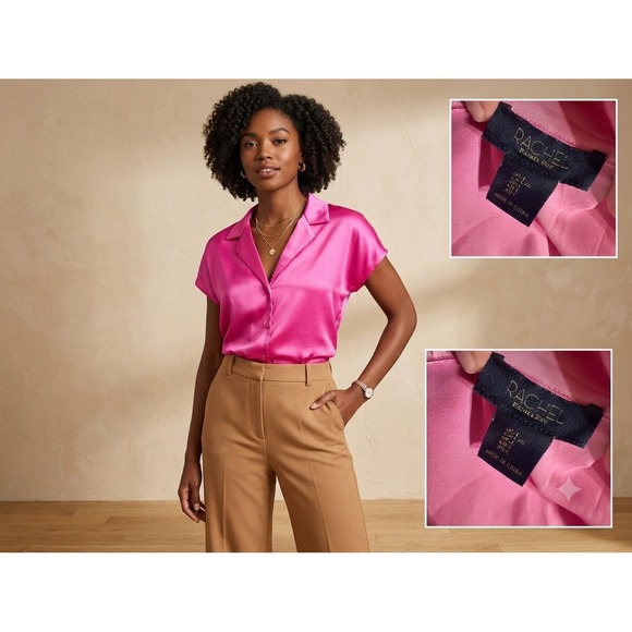 RACHEL Rachel Roy Tops - Rachel Rachel Roy Hot Pink Satin Button Down Short Sleeve Blouse Large Fuchsia